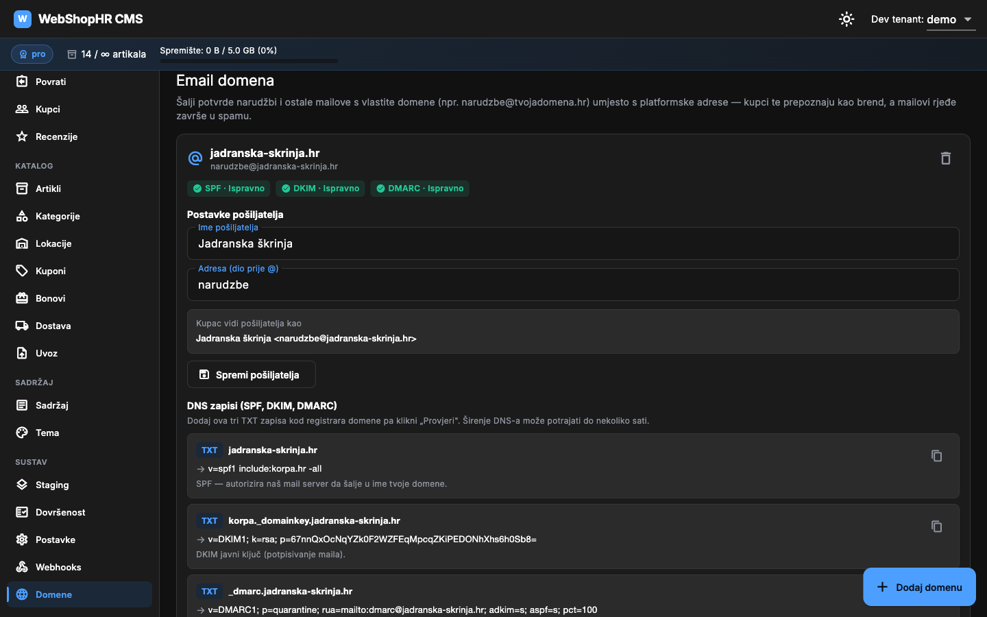 Ekran Email domena u WebShopHR CMS-u — verificirana domena, postavke pošiljatelja i TXT zapisi
