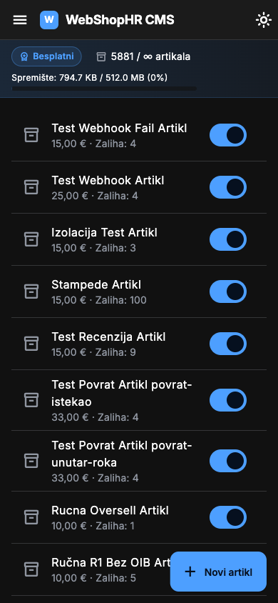 Popis artikala na mobitelu s prekidačima aktivnosti