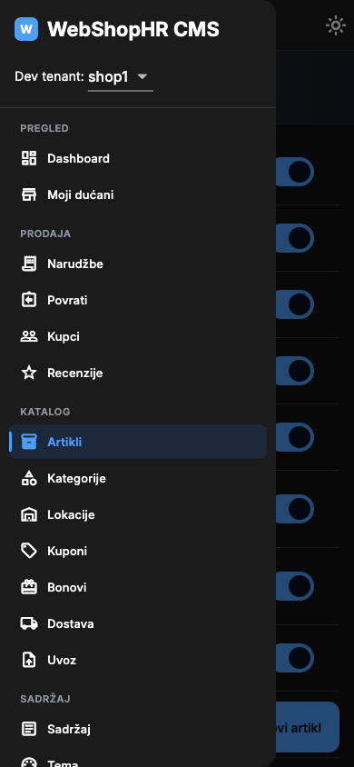 Navigacijski izbornik CMS-a na mobitelu