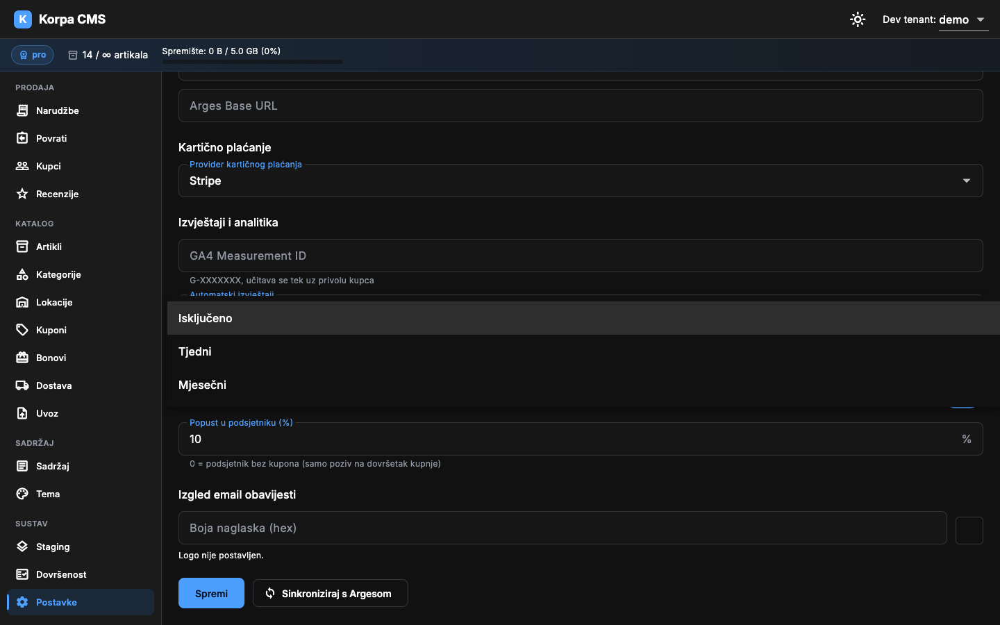 Dropdown učestalosti reporta u CMS Postavkama, sekcija "Izvještaji i analitika"