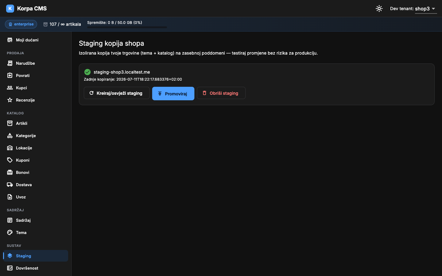 Staging ekran u WebShopHR CMS-u