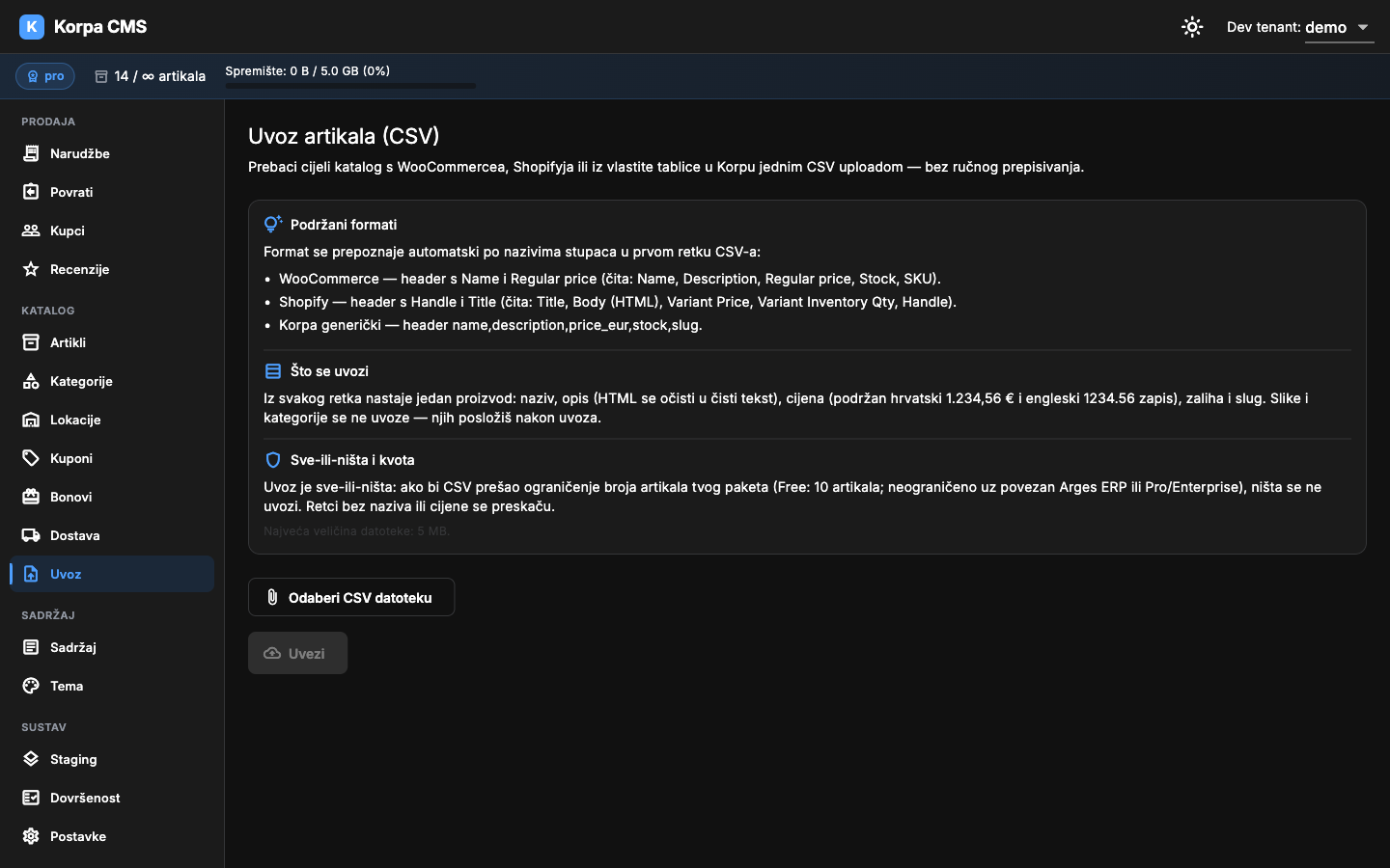 Ekran Uvoz — upute, podržani formati i odabir CSV datoteke