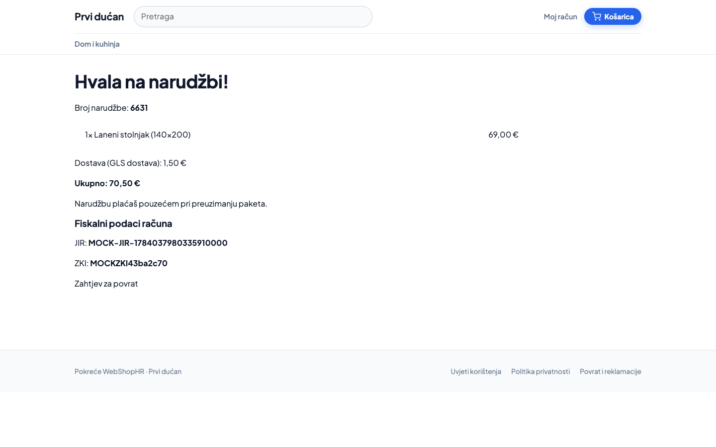 Fiskalni isječak na potvrdi narudžbe — vidljivi JIR i ZKI