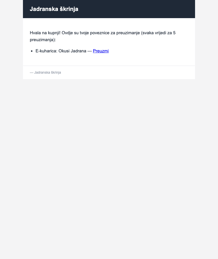 E-mail s poveznicom za preuzimanje digitalnog proizvoda