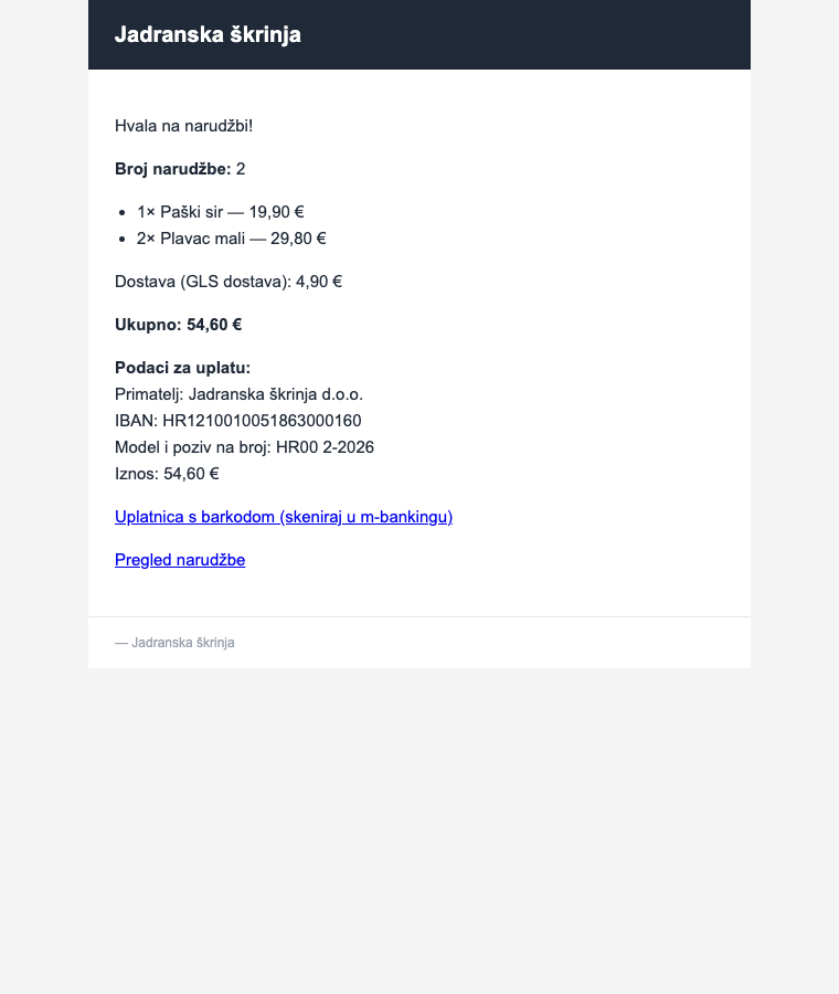 Mail-potvrda na Pro paketu — bez oznake „Powered by WebShopHR"