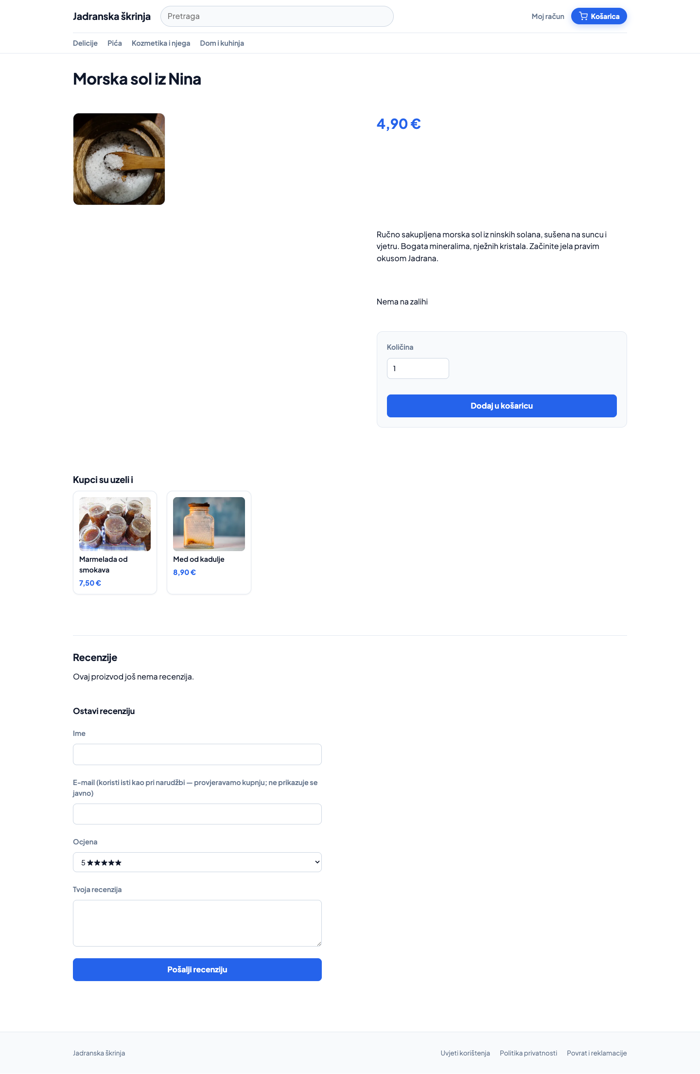 Artikl bez zalihe u web dućanu — oznaka „Nema na zalihi" i onemogućena kupnja